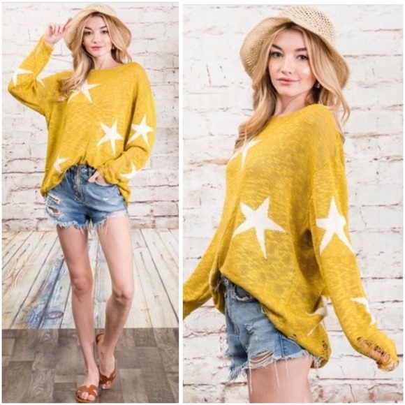 Sweaters - Star Print Distressed Sweater In Lime Yellow